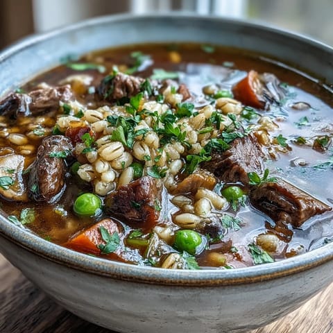 A ladle serves rich Beef and Barley Soup into a rustic bowl beside crusty artisan bread.