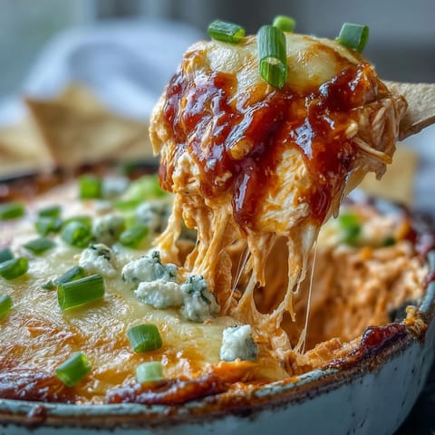 Creamy and spicy Buffalo Chicken Dip in a baking dish, garnished with fresh green onions and ready to serve.