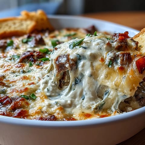A close-up of creamy Philly Cheesesteak Dip with sautéed peppers, onions, and shaved ribeye, ready to serve with crunchy tortilla chips.