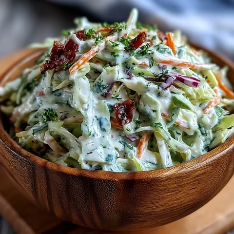 A bowl of creamy coleslaw with shredded red and green cabbage, carrots, and a tangy white dressing, topped with fresh parsley.