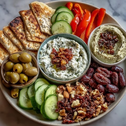 Mediterranean Brunch Board with creamy hummus, smoky baba ganoush, and tangy tzatziki with crisp veggies and feta.