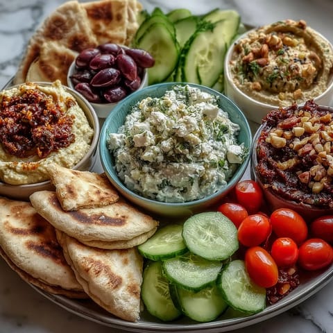 Colorful Mediterranean Brunch Board featuring fresh flatbreads, briny olives, mixed nuts, and vibrant vegetable garnishes.