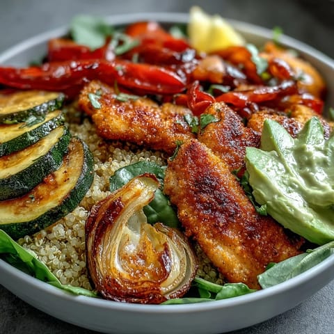 A warm Paprika Roasted Vegetable Quinoa Bowl topped with juicy chicken, fluffy quinoa, and creamy avocado slices.