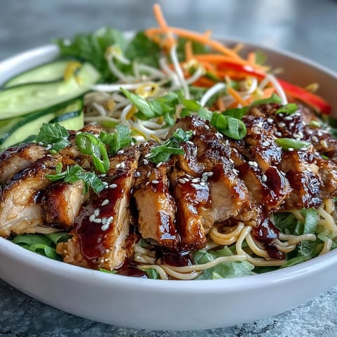 Tender sliced chicken and colorful vegetables layered over rice noodles, drizzled with savory-sweet sauce in a ceramic bowl.