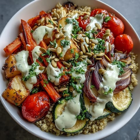 Roasted Vegetable Quinoa Bowl topped with caramelized red peppers, zucchini, and cherry tomatoes with parsley and pumpkin seeds.