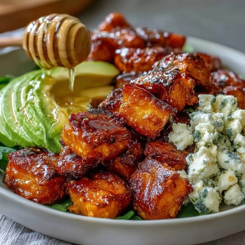 Roasted sweet potatoes with crispy edges topped with creamy avocado and cottage cheese in a Hot Honey Sweet Potato Bowl.