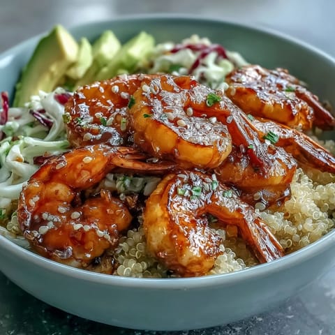 A close-up of the Rainbow Vegetable Detox Bowl shows juicy shrimp, creamy avocado slices, and fluffy quinoa drizzled with tangy balsamic.