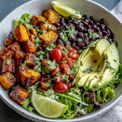 Sweet Potato and Black Bean Bowl topped with creamy avocado slices and fresh salsa, served on a bed of greens.