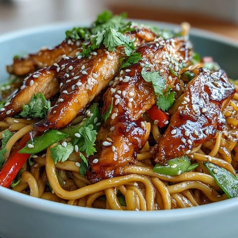 Sesame Chicken Noodle Bowl garnished with toasted sesame seeds, cilantro, and lime wedges for a bright finish.