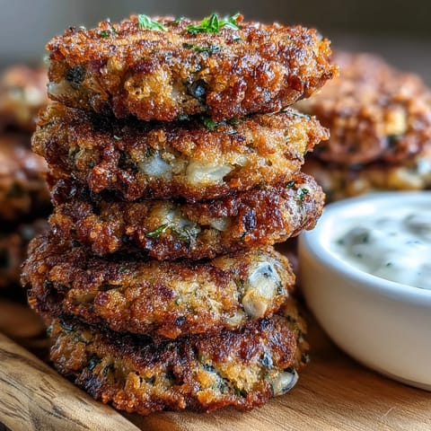 Golden, crispy Black-Eyed Pea Fritters arranged on a plate with a small bowl of dipping sauce.