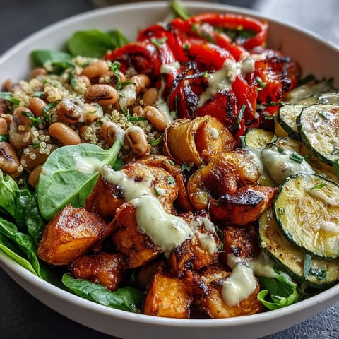 A close-up view of a vibrant Black-Eyed Pea Buddha Bowl featuring quinoa, avocado slices, and a generous garnish of fresh cilantro.
