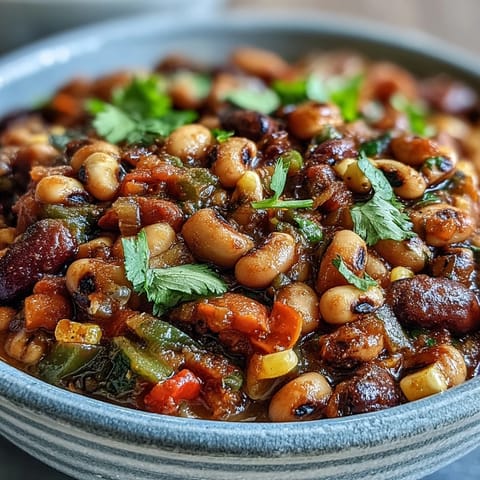 Steaming Black-Eyed Pea Chili fills a rustic bowl topped with cilantro and sour cream. 