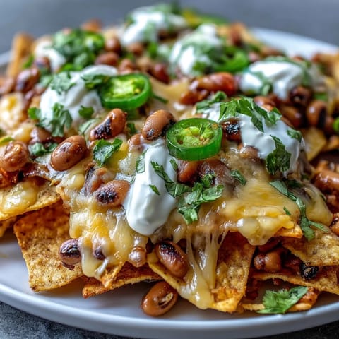 Golden baked Black-Eyed Pea Nachos topped with melted cheddar, sour cream, jalapeños, and fresh cilantro on a platter.
