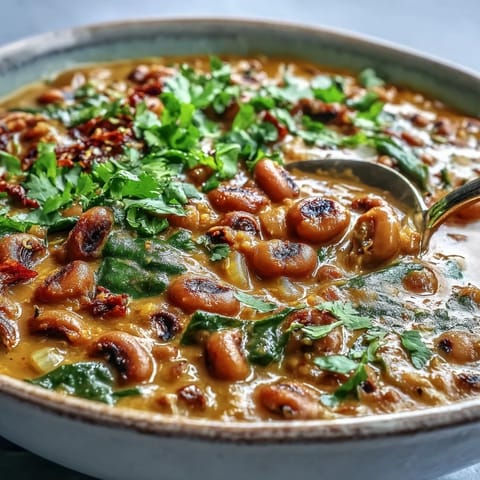 Creamy Black-Eyed Pea Curry simmered with turmeric and cumin is served hot over fluffy basmati rice.