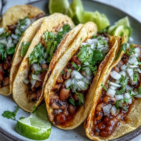 Freshly mashed, cumin-spiced black-eyed pea filling is spooned into warm corn tortillas and topped with cilantro and diced onion. Black-Eyed Pea Tacos offer a vibrant, protein-packed vegetarian meal perfect for a quick weeknight dinner.