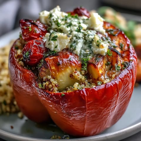 Colorful bell peppers stuffed with quinoa, fresh herbs, and vegetables, baked to tender perfection for a healthy spring dinner.