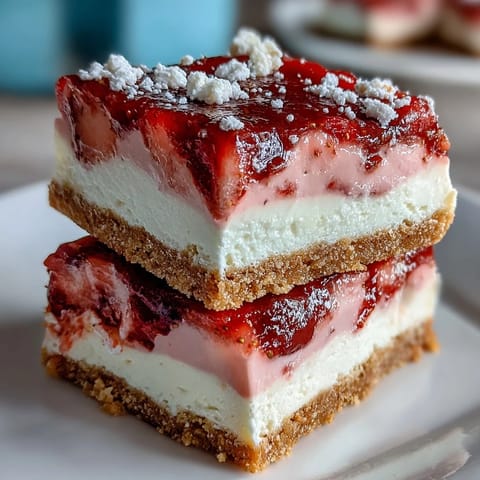 Strawberry lemonade bars with a buttery shortbread crust, dusted with powdered sugar for a sweet, tangy dessert.