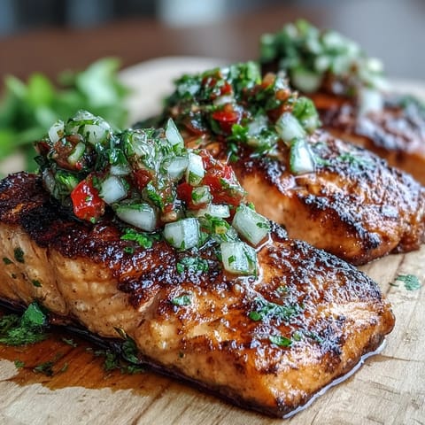 Grilled salmon fillet topped with bright strawberry salsa, fresh cilantro, and a squeeze of lime for a colorful spring dinner.