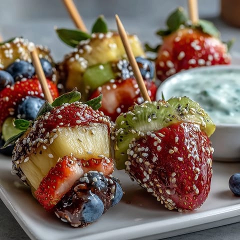 Bright and healthy bento box lunch for kids, featuring fresh fruit skewers, creamy yogurt dip, and kid-friendly sandwich bites.  