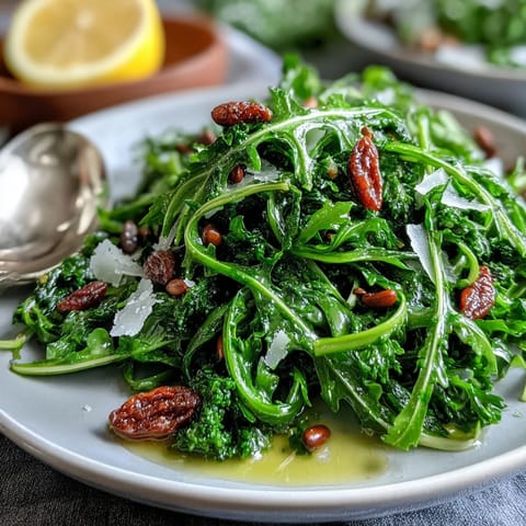 Arugula salad with lemon vinaigrette and shaved Parmesan cheese, garnished with toasted pine nuts for crunch and zest.