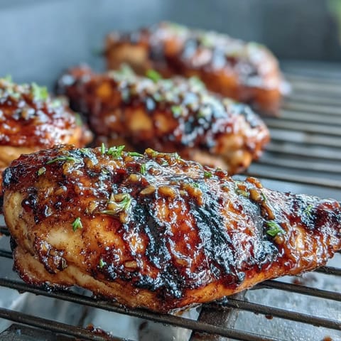 Juicy honey garlic grilled chicken thighs with a glossy, sticky glaze, perfect for summer cookouts and family dinners.