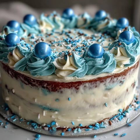 Festive two-tier vanilla cake with balloon toppers, perfect for graduation celebrations.