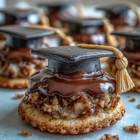 A tray of colorful graduation cookies topped with fondant mortarboard hats, perfect for celebrating your graduate.