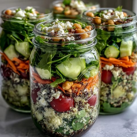 Layered mason jar salads with spinach, chickpeas, quinoa, and cherry tomatoes for healthy meal prep.