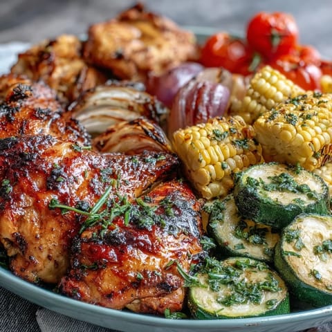 Juicy roasted chicken, sweet corn, and tender zucchini create a colorful one-pan dinner with fresh herbs.  