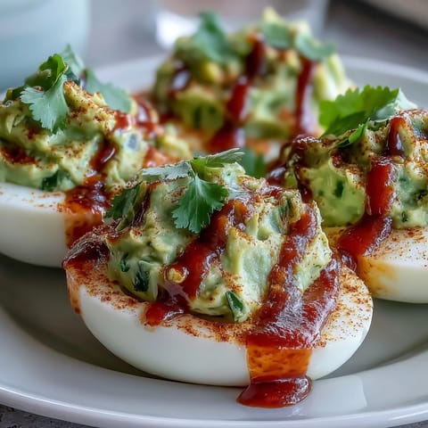 Creamy avocado deviled eggs topped with spicy Sriracha drizzle, garnished with fresh cilantro and paprika.