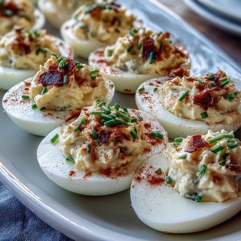 Creamy deviled eggs with paprika and chives, perfect for parties or picnics.  