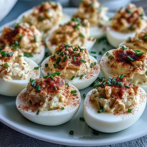 Classic deviled eggs topped with smoked paprika and fresh chives, a timeless appetizer.  