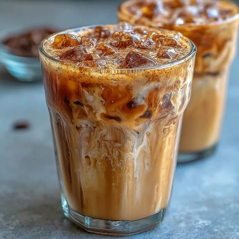 Iced brown sugar oat milk shaken espresso in a tall glass with frothy foam and a sprinkle of cinnamon.