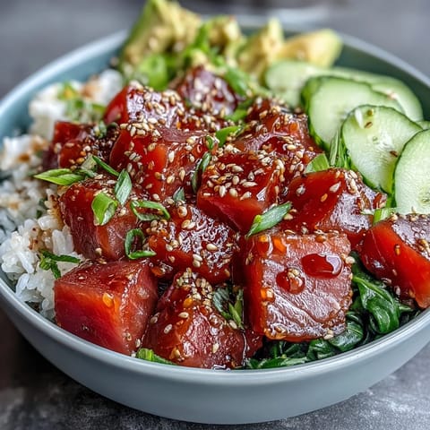 Vibrant Spring Tuna Poke Bowl with fresh tuna, crisp radish, cool cucumber, and ponzu sauce served over sushi rice. A colorful, refreshing seafood meal perfect for warm days.