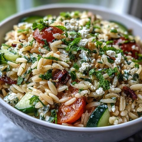 A vibrant bowl of orzo salad with cucumber, feta, and lemon dressing, garnished with fresh herbs and juicy cherry tomatoes.  