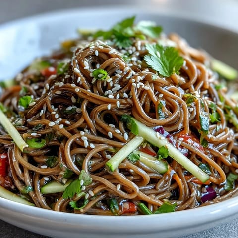 Vibrant soba noodles and colorful vegetables in a tangy sesame ginger dressing, perfect for a light, refreshing summer meal.  