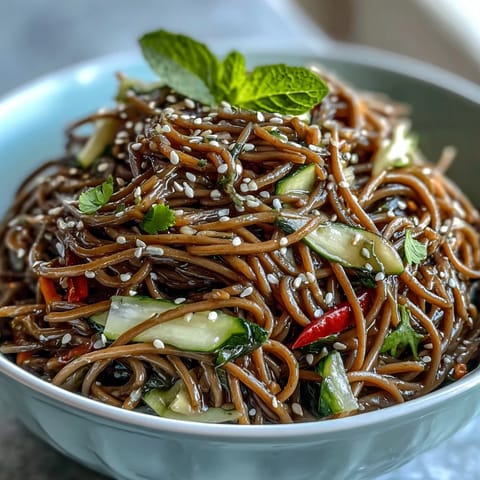 Cold soba noodle salad with sesame ginger dressing, tossed with crisp julienned vegetables and garnished with fresh cilantro and sesame seeds.  