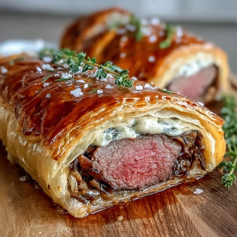 Gourmet Individual Beef Wellington parcels with golden puff pastry, seared filet, and rich mushroom duxelles filling.