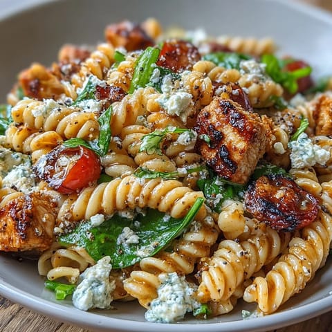 High protein pasta bowl with grilled chicken, cottage cheese, and spinach, perfect for a nourishing meal.  