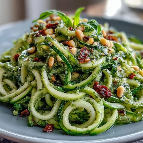 A vibrant bowl of Zucchini Noodles with Avocado Pesto, glistening and fresh.