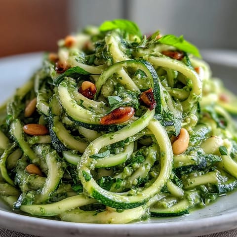 Creamy avocado pesto coats tender spiralized zucchini noodles, ready to enjoy.
