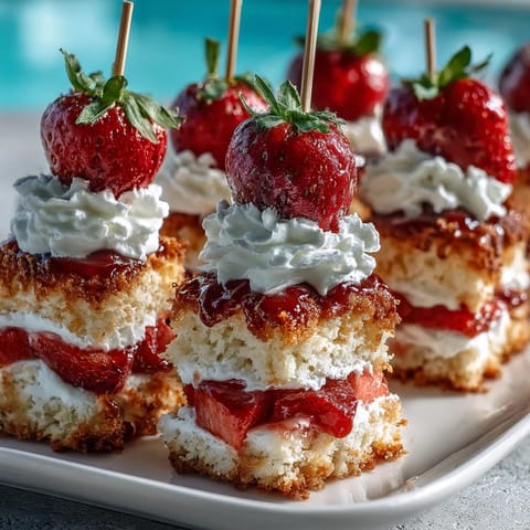 Decadent mini strawberry shortcake bites stacked with fluffy cream, perfect for parties.