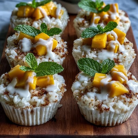 Close-up of Coconut Mango Sticky Rice Cups dessert topped with fresh fruit.