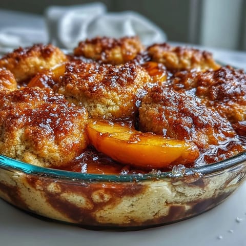 Juicy Peach Cobbler topped with fluffy, golden-baked biscuits, ready to serve.