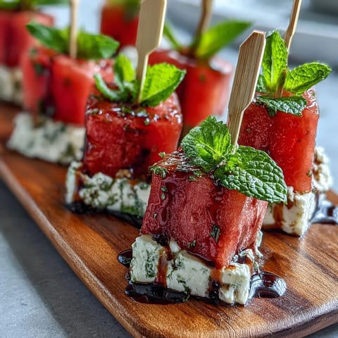 Bright watermelon feta bites on toothpicks, a refreshing summer appetizer.