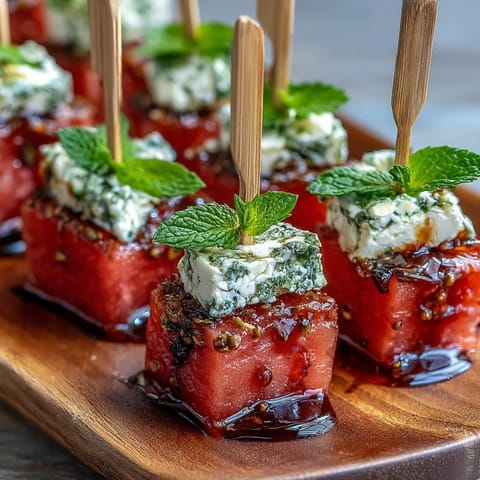 Savory and sweet watermelon feta bites, perfect for easy entertaining.