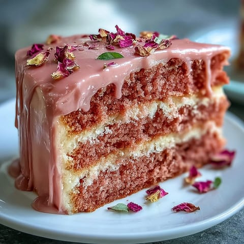 Bridal Shower Rosé Velvet Cake: elegant pink cake with shimmering gold drip.