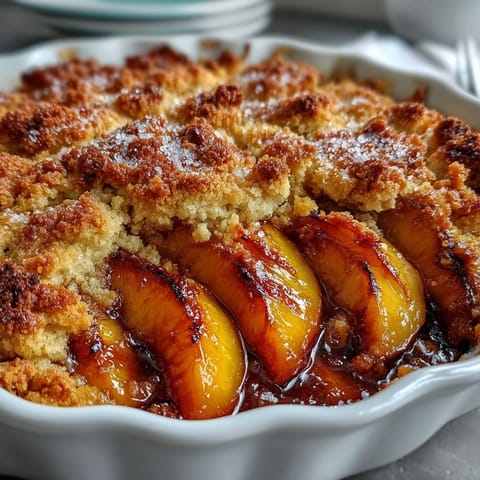 Warm, bubbly Peach Cobbler with a golden biscuit topping, perfect for dessert.
