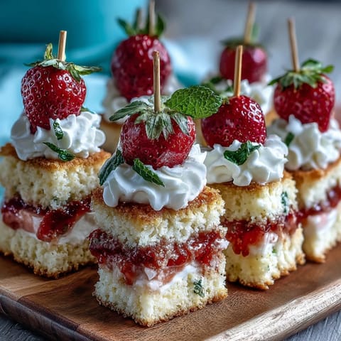 Mini Strawberry Shortcake Bites on skewers with luscious cream and fresh berries.