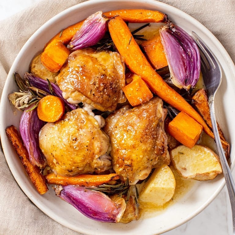 Homemade Honey-Glazed Chicken with Roasted Root Vegetables served family-style, a flavorful autumn dinner.